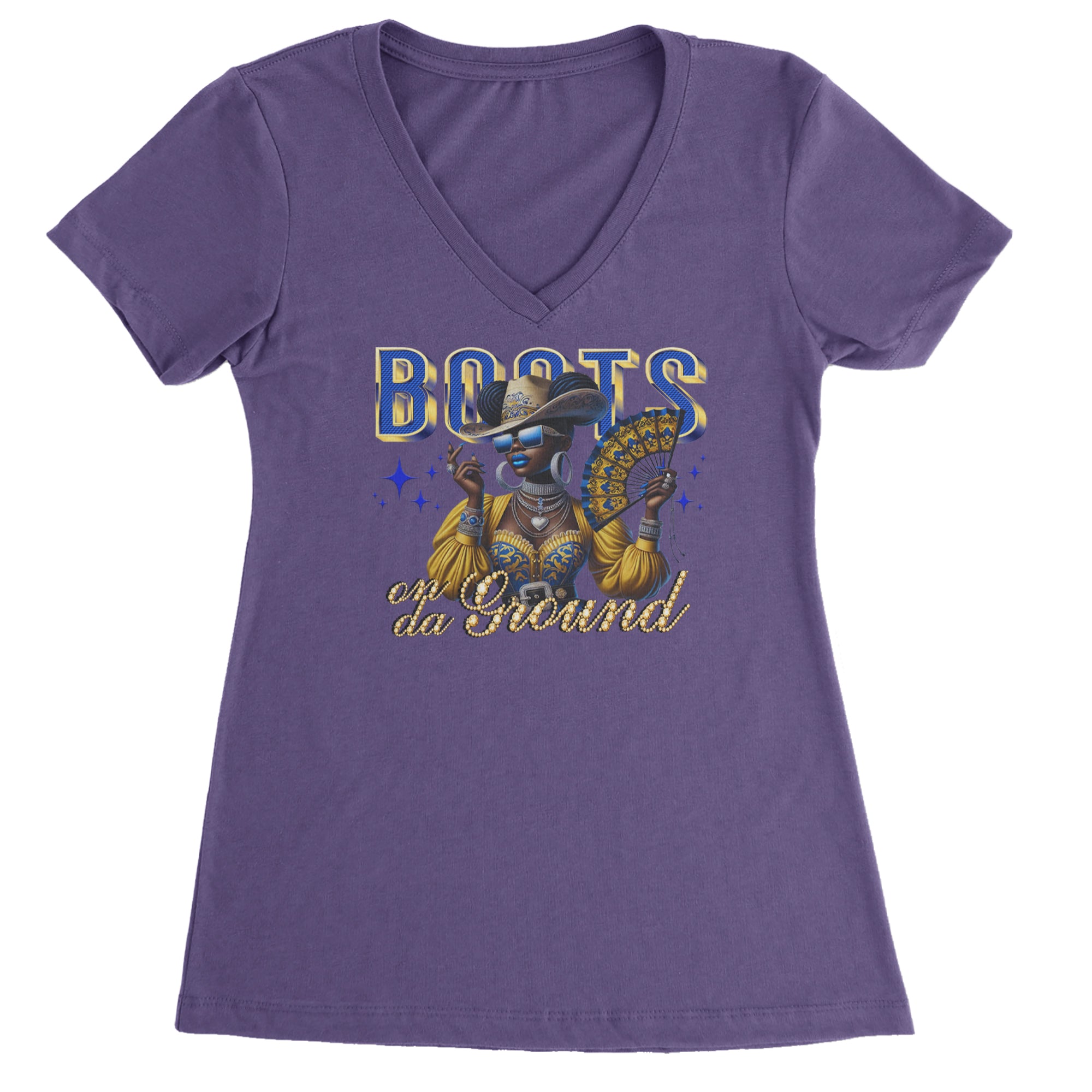 Boots On Da Ground Folding Fan Ladies V-Neck T-shirt Purple