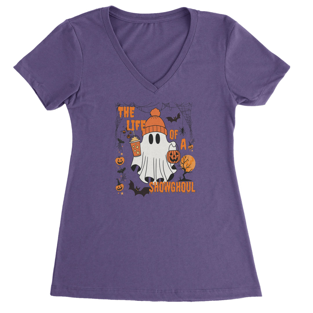 Life of a Showghoul Halloween Showgirl Vibes Ladies V-Neck T-shirt Purple