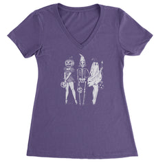 Vintage Spooky Squad Pinup Halloween Design Ladies V-Neck T-shirt Purple