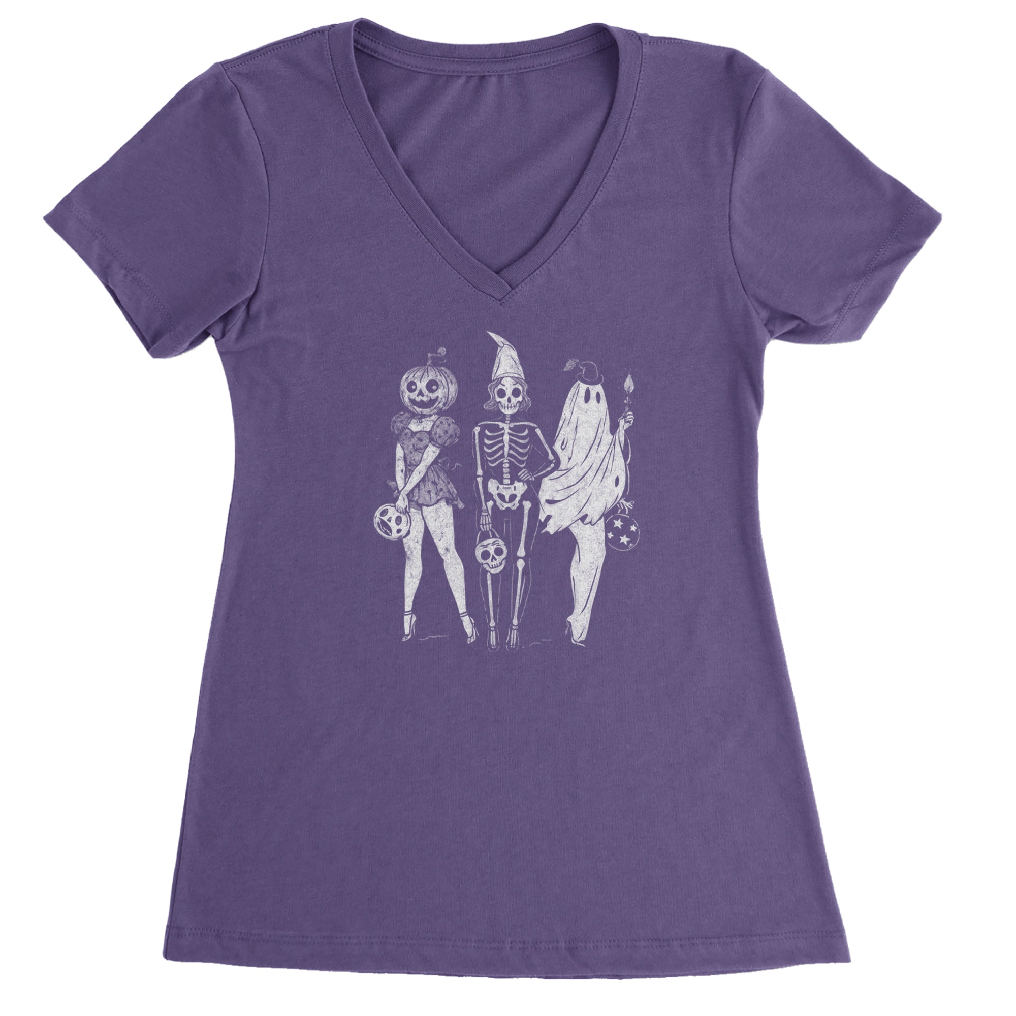 Vintage Spooky Squad Pinup Halloween Design Ladies V-Neck T-shirt Purple