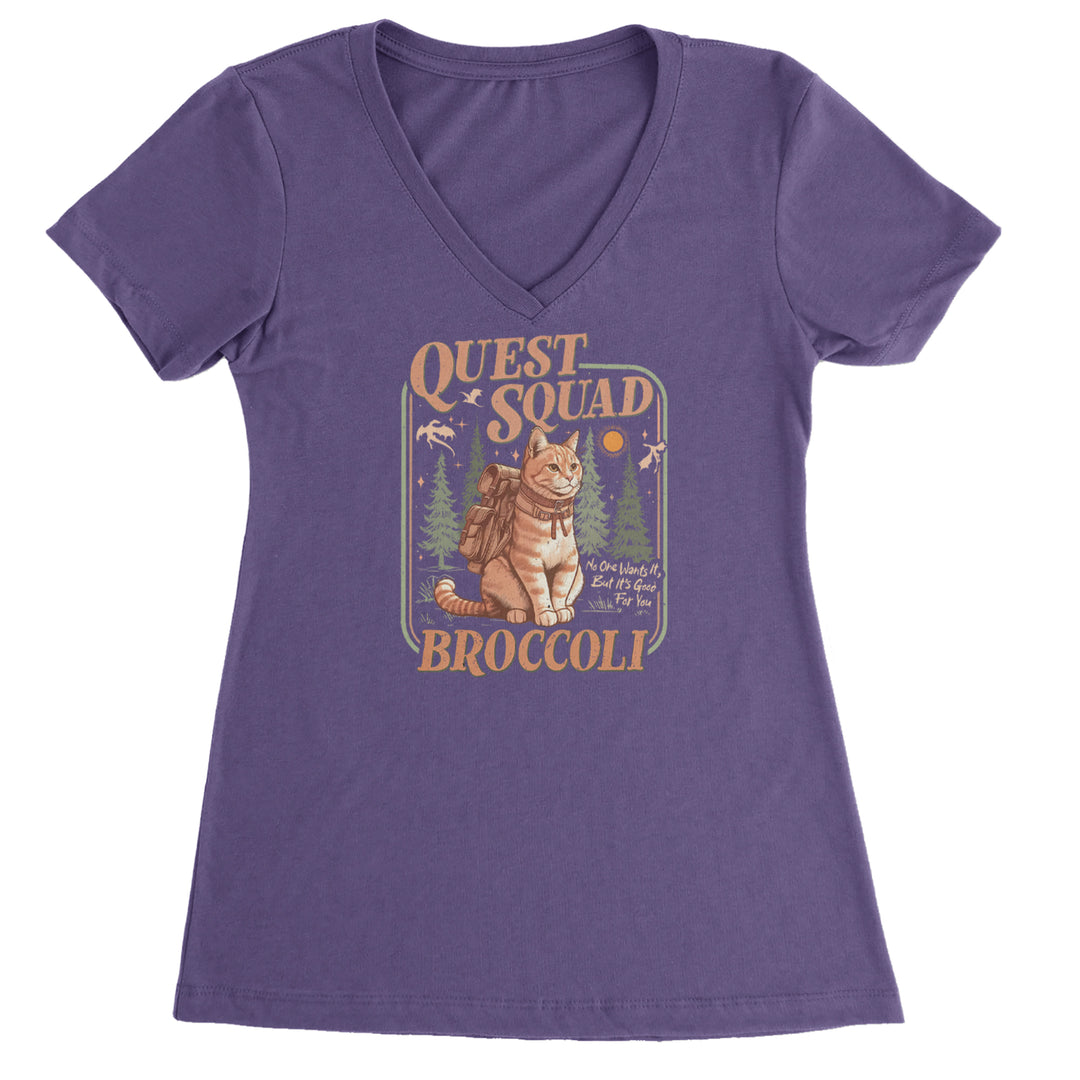 Quest Squad Broccoli Cat Fantasy Reader graphic on Women's Lightweight V-Neck T-Shirt in Purple