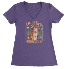 Quest Squad Broccoli Cat Fantasy Reader graphic on Women's Lightweight V-Neck T-Shirt in Purple
