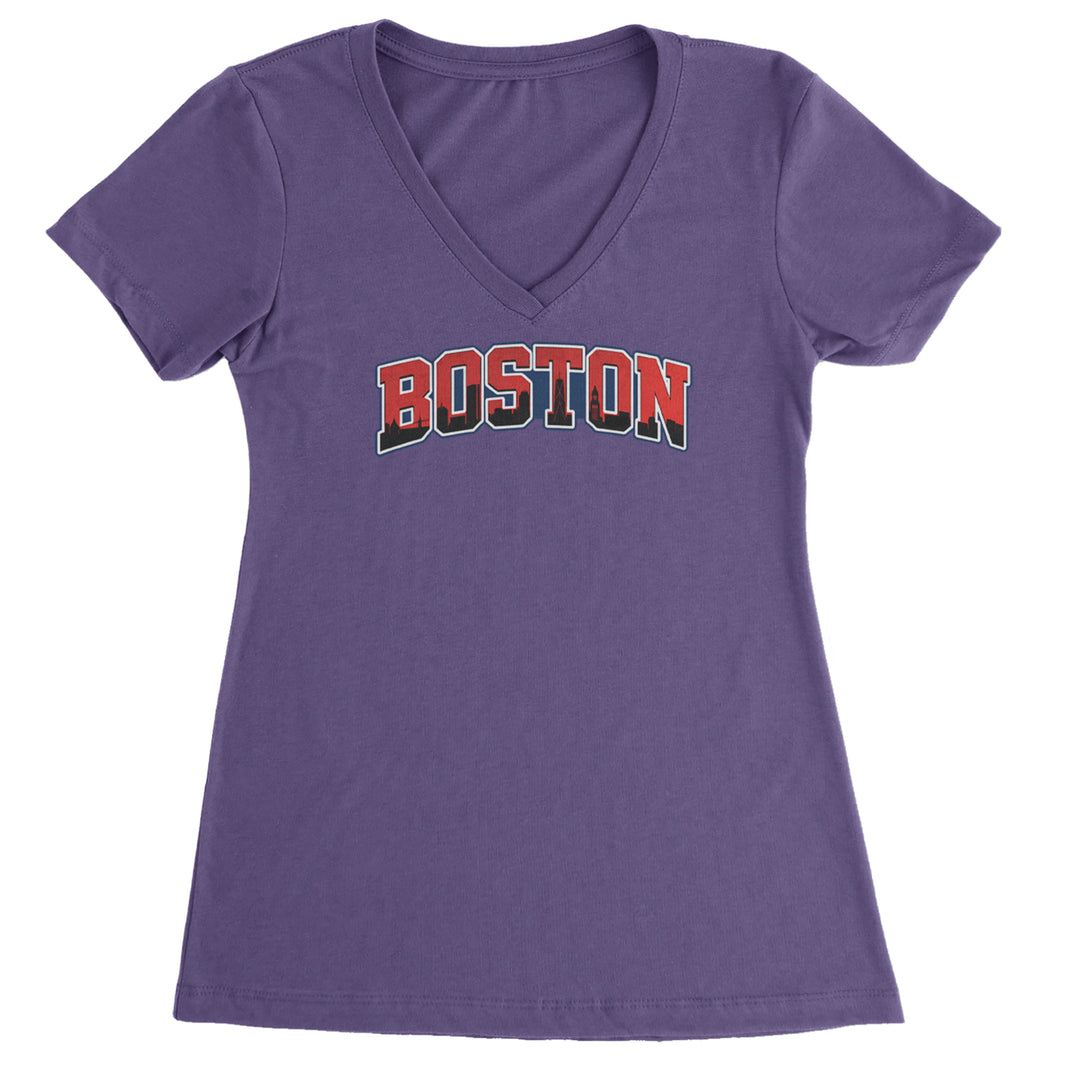 Boston City Pride Skyline Ladies V-Neck T-shirt Purple