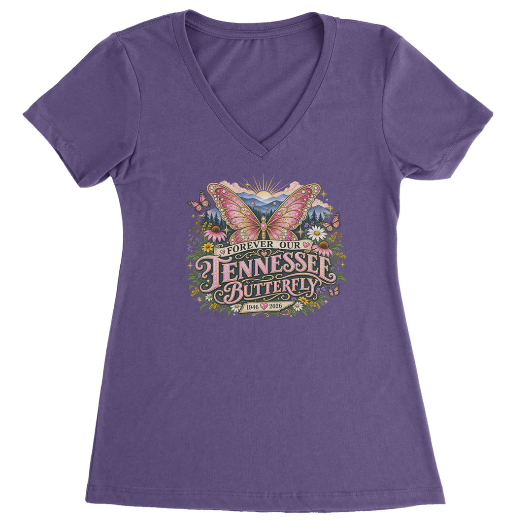 Forever Our Tennessee Butterfly Dolly Ladies V-Neck T-shirt Purple