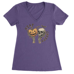 Stay Creepy Skull and Pumpkin Halloween Ladies V-Neck T-shirt Purple