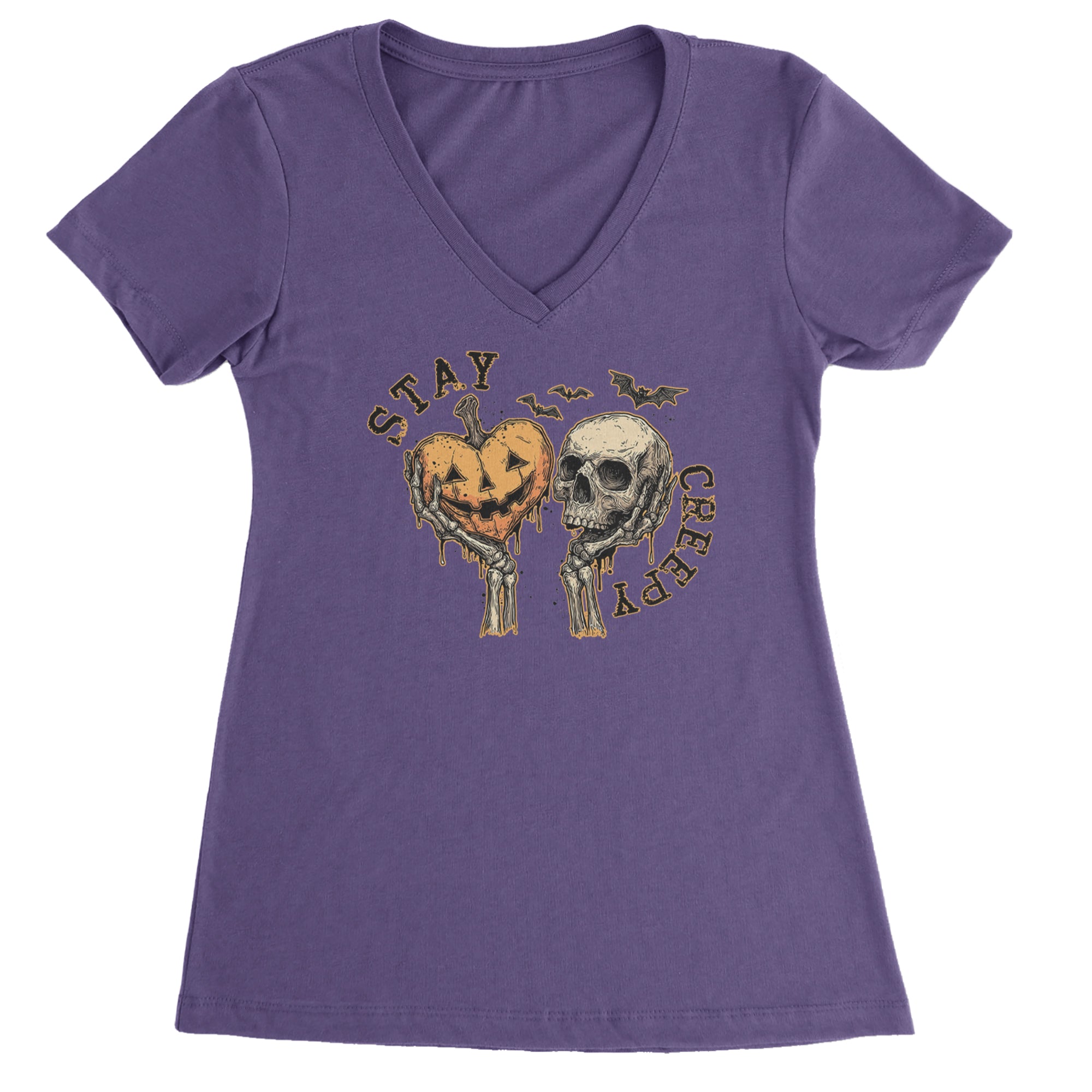 Stay Creepy Skull and Pumpkin Halloween Ladies V-Neck T-shirt Purple