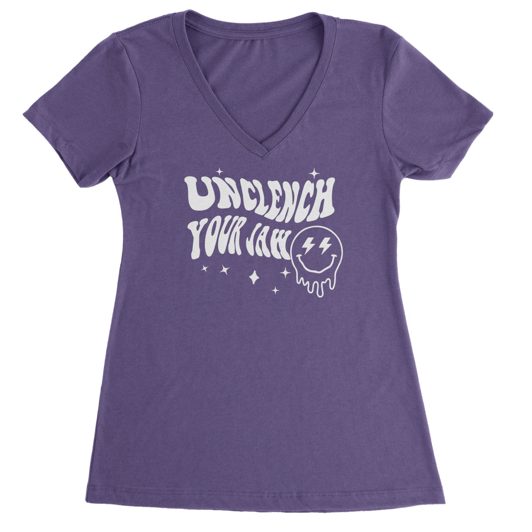 Unclench Your Jaw Festival Rave EDM Ladies V-Neck T-shirt Purple