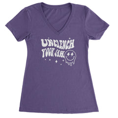 Unclench Your Jaw Festival Rave EDM Ladies V-Neck T-shirt Purple