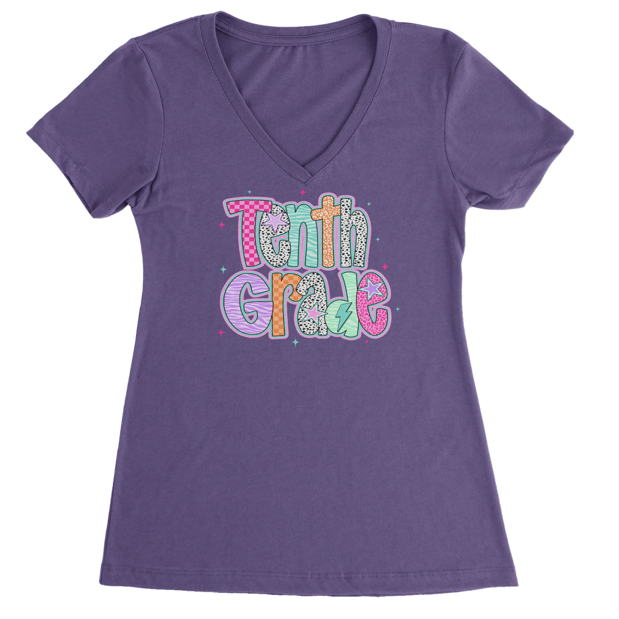 Tenth Grade Trendsetter Colorful Back to School Ladies V-Neck T-shirt Purple