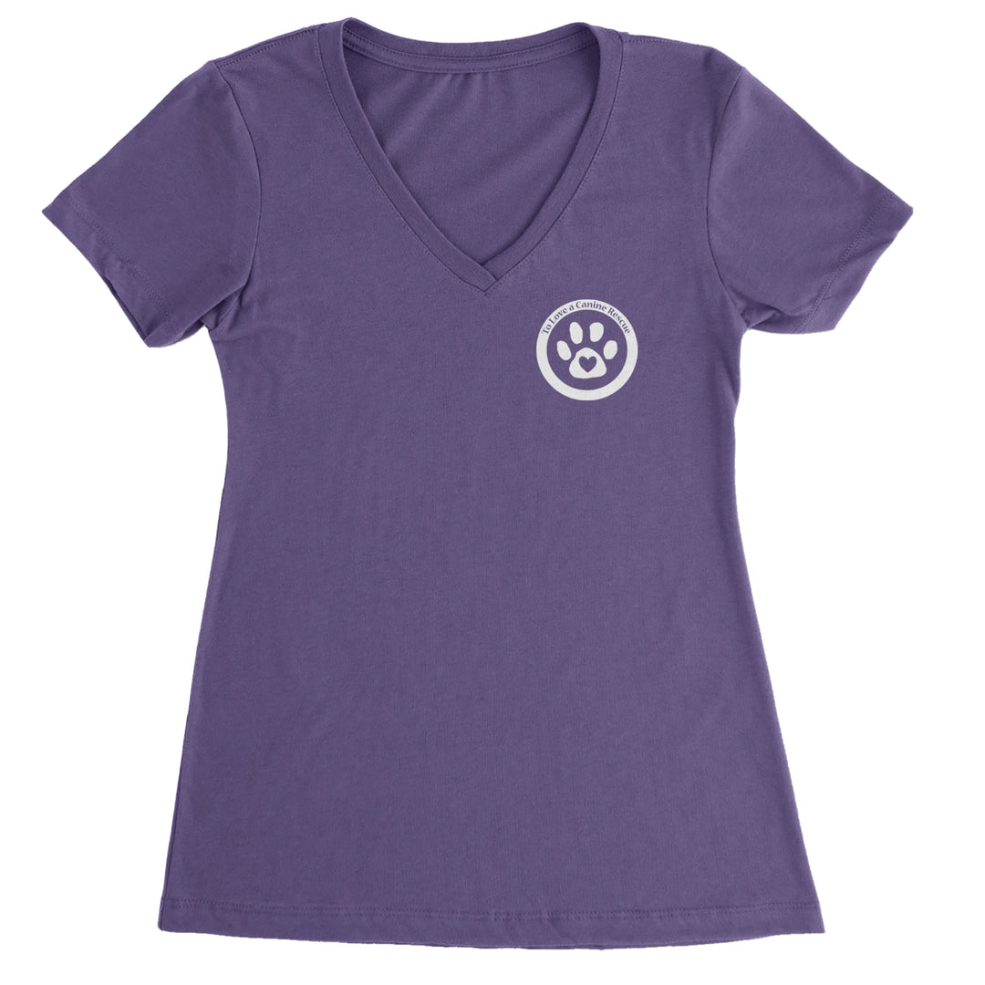 TLC To Love a Canine Dog Rescue White Ladies V-Neck T-shirt Purple