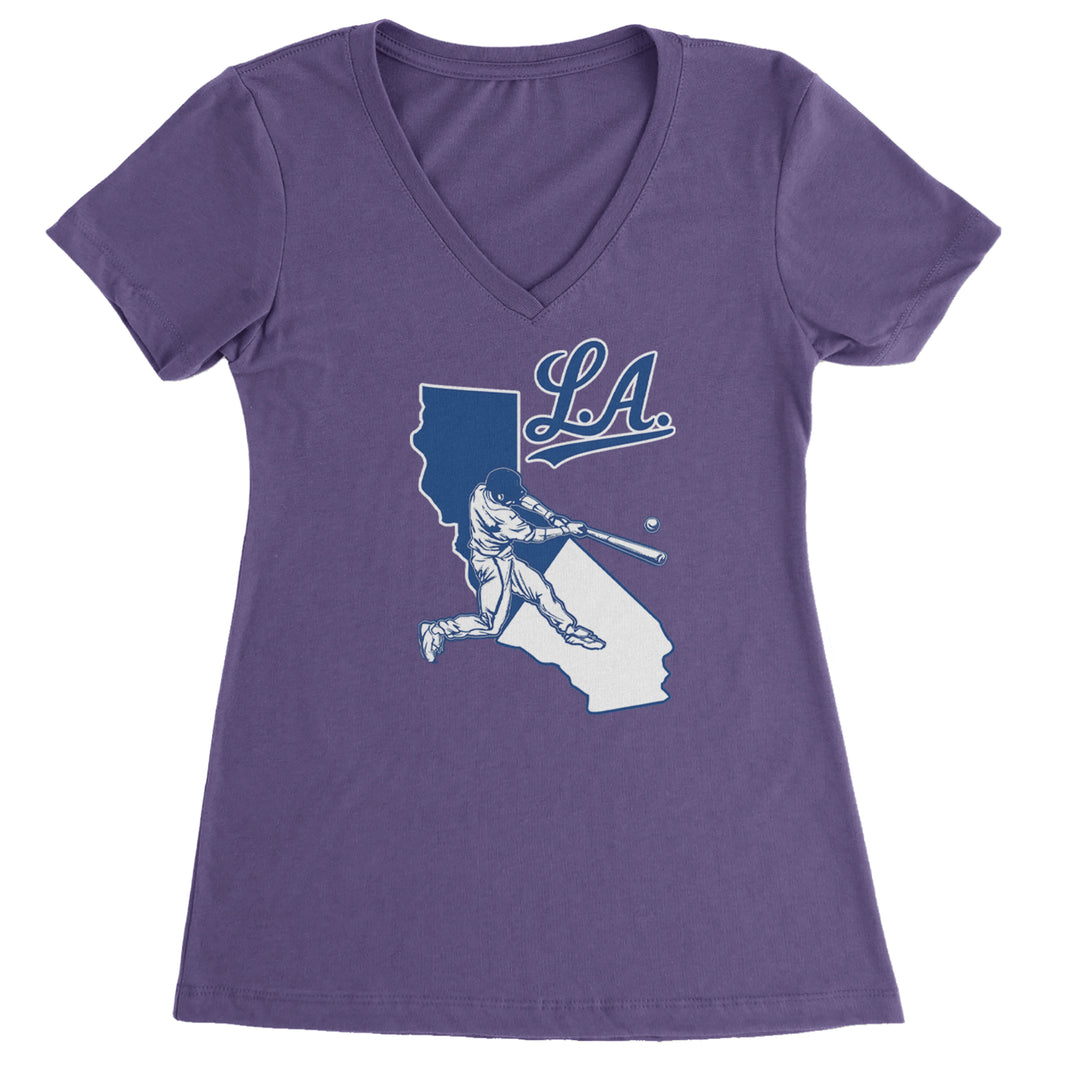 Los Angeles Baseball Batter Up Ladies V-Neck T-shirt Purple