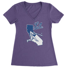 Los Angeles Baseball Batter Up Ladies V-Neck T-shirt Purple