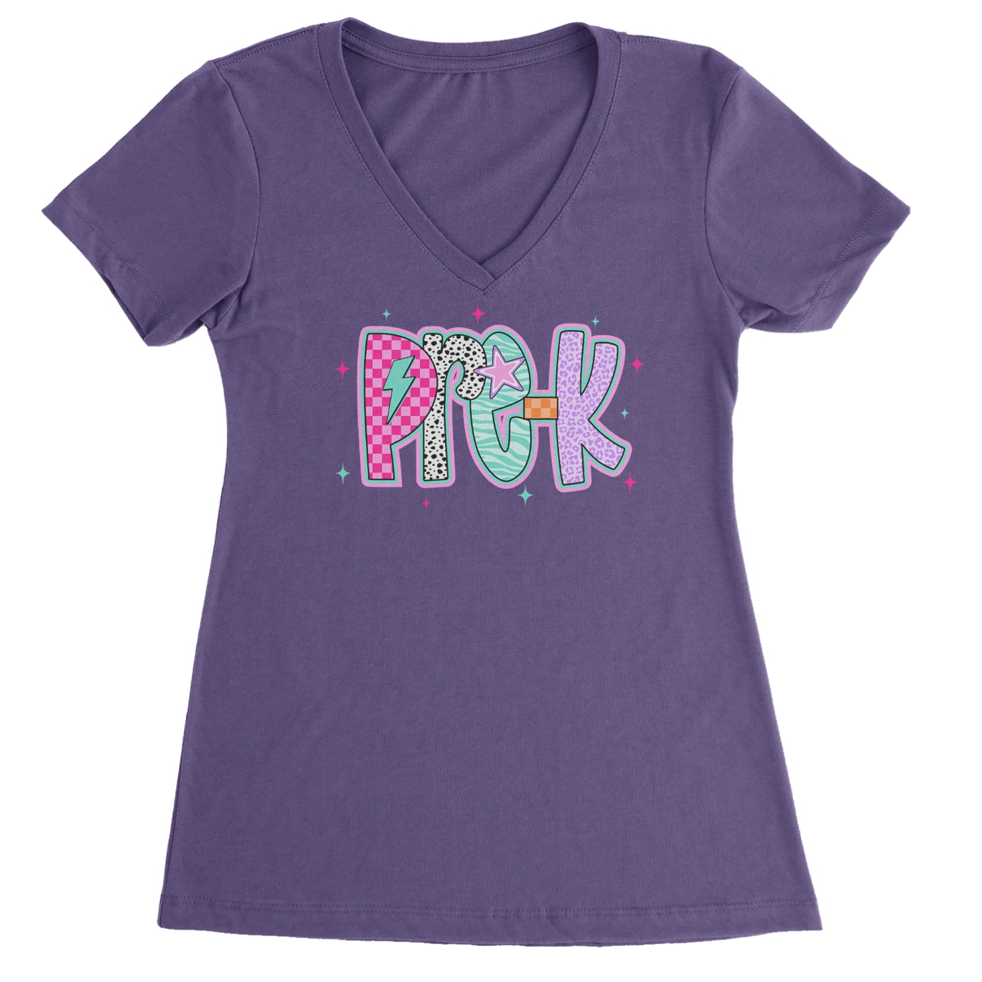 Pre-K Party Time Colorful Back to School Ladies V-Neck T-shirt Purple