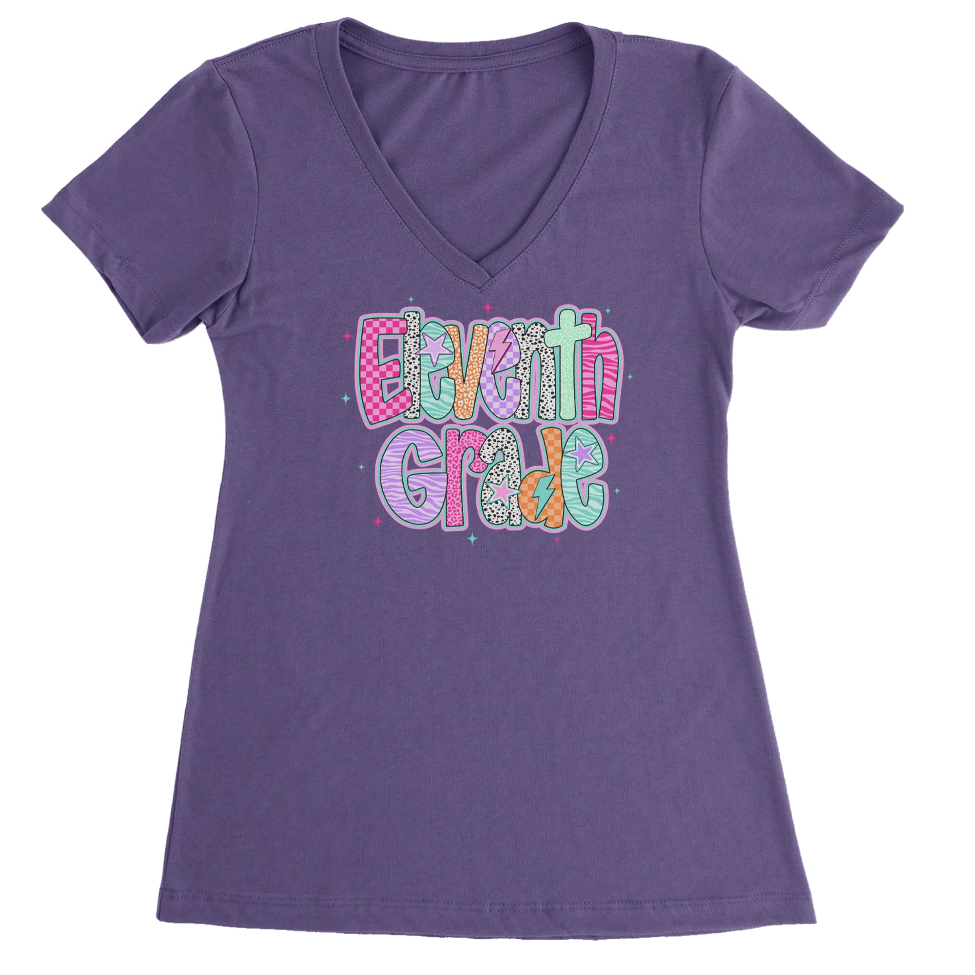 Eleventh Grade Extra Colorful Back to School Ladies V-Neck T-shirt Purple