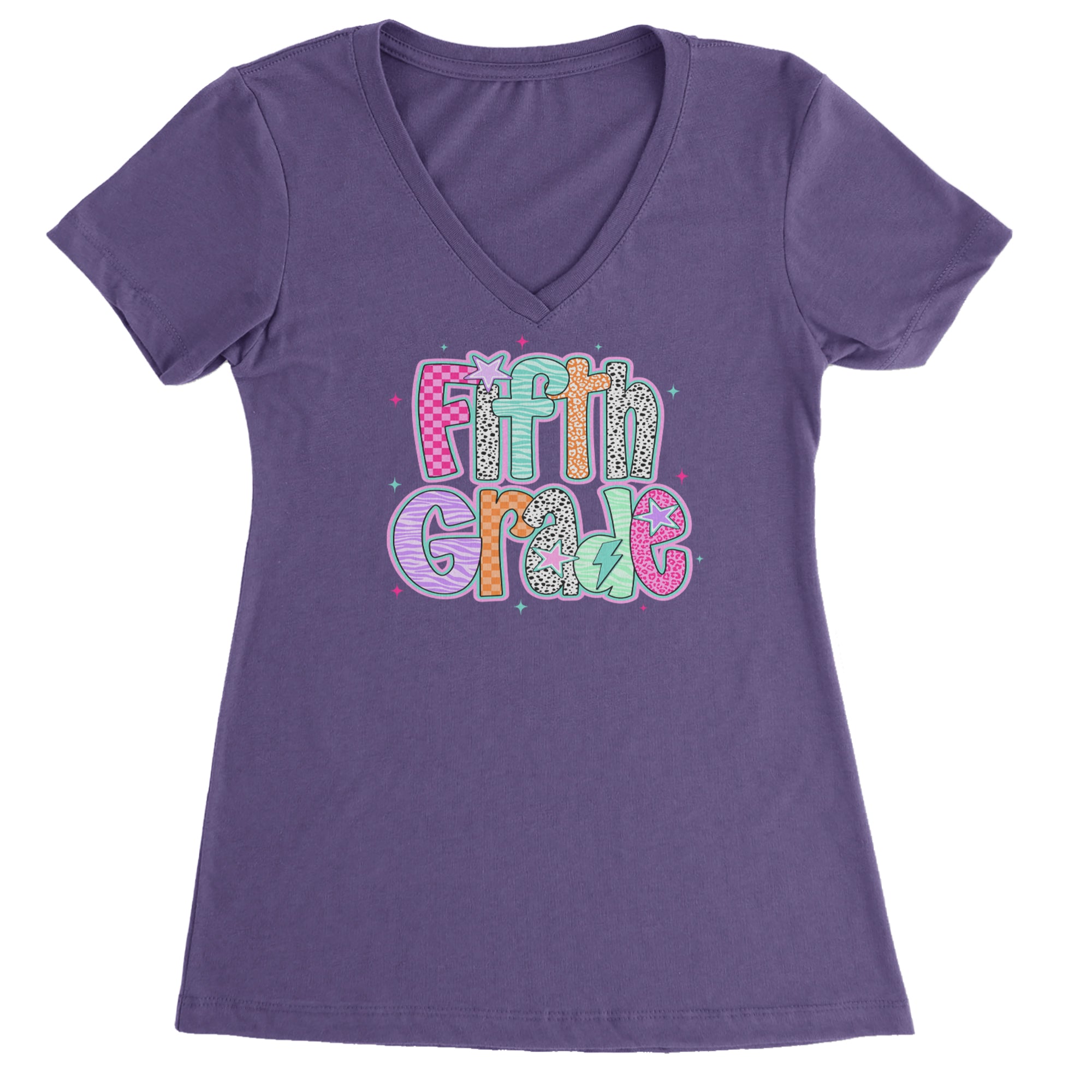 Fifth Grade Fly Colorful Back to School Ladies V-Neck T-shirt Purple