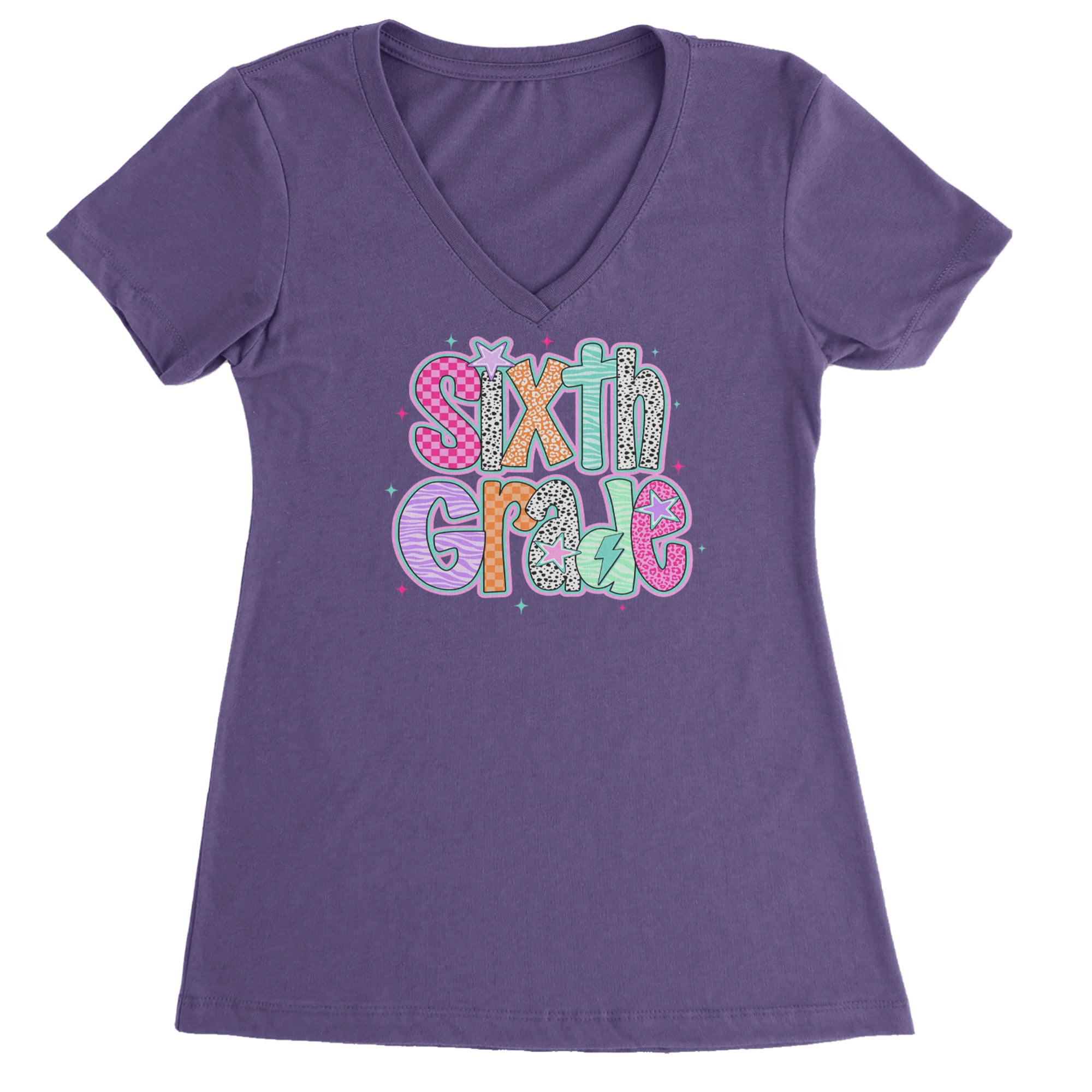 Sixth Grade Colorful Back to School Ladies V-Neck T-shirt Purple