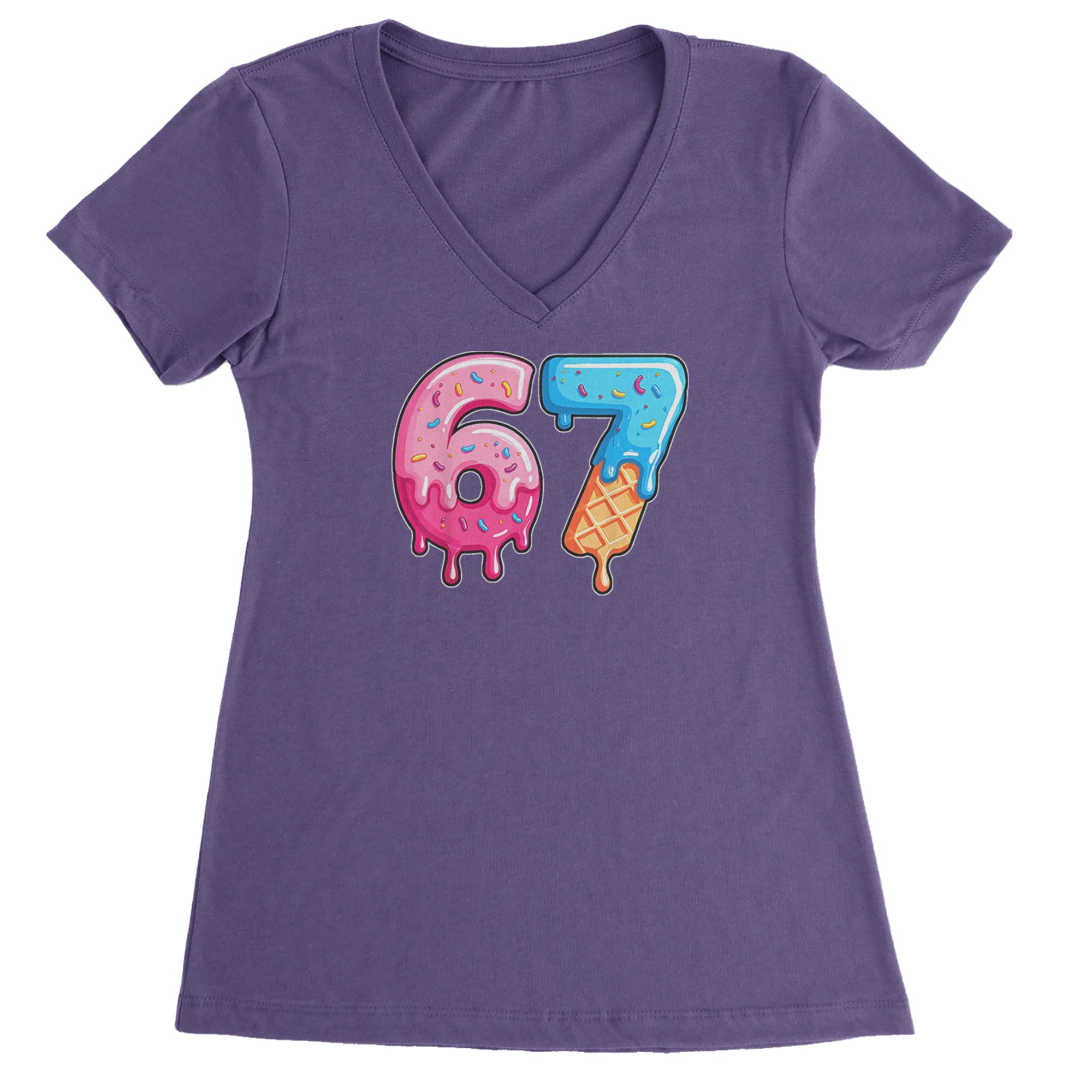 67 Dripping Ice Cream Donut Melt Ladies V-Neck T-shirt Purple
