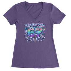 Six Seven 67 Retro Pixel Buddies Ladies V-Neck T-shirt Purple