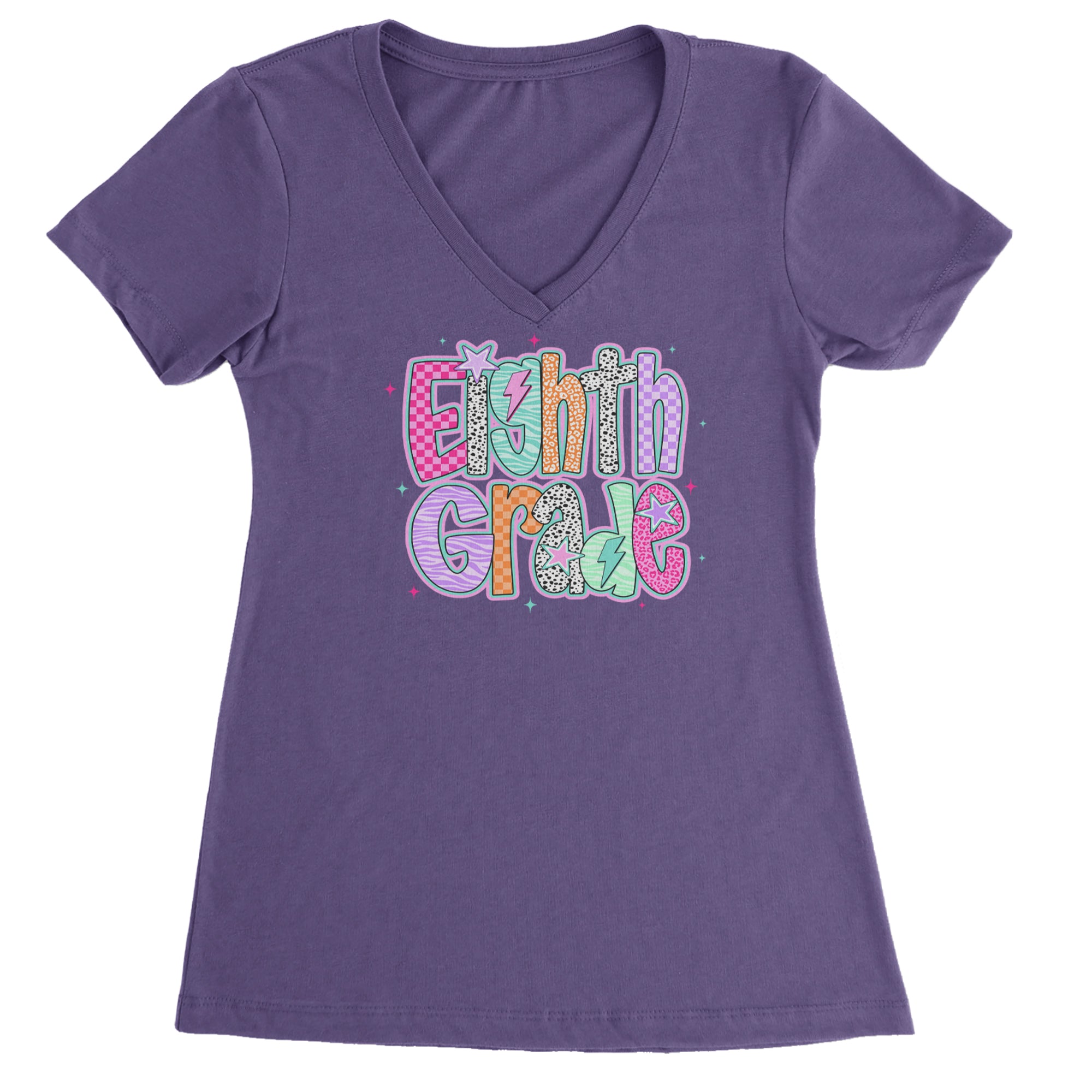 Eighth Grade Energy Colorful Back to School Ladies V-Neck T-shirt Purple