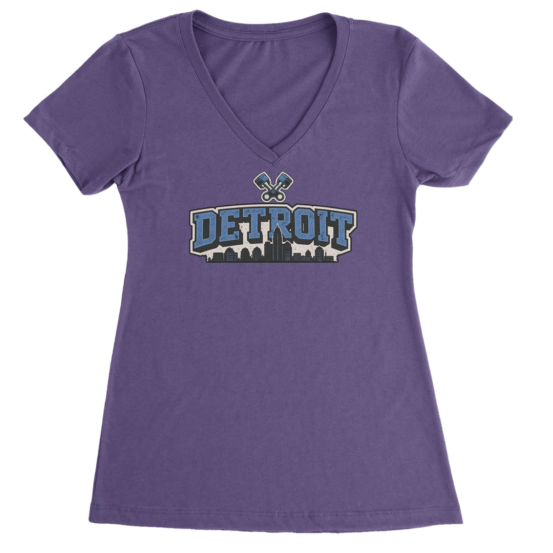 Detroit Motor City Retro Piston Ladies V-Neck T-shirt Purple