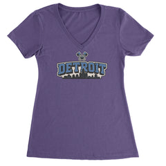 Detroit Motor City Retro Piston Ladies V-Neck T-shirt Purple