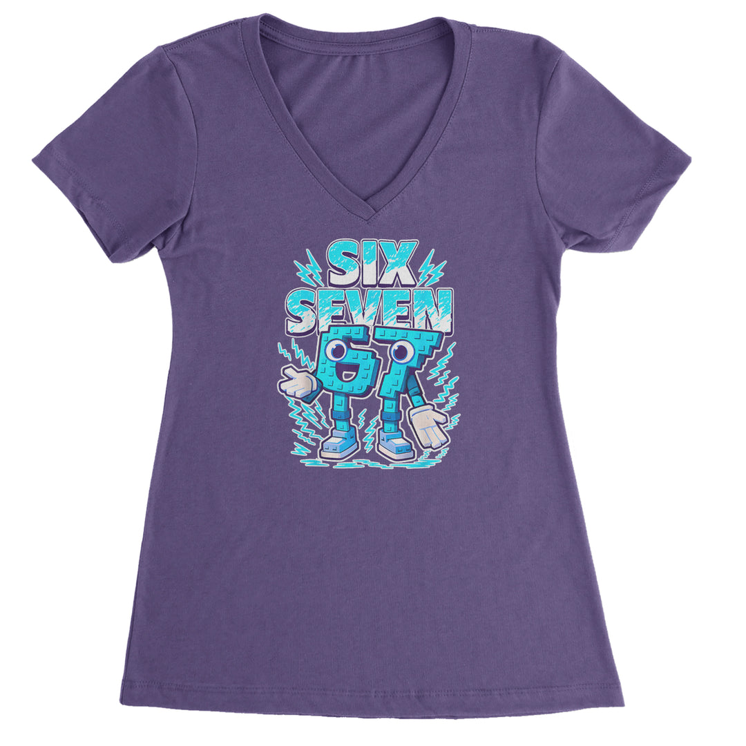 67 Brainrot Meme Slang Ladies V-Neck T-shirt Purple