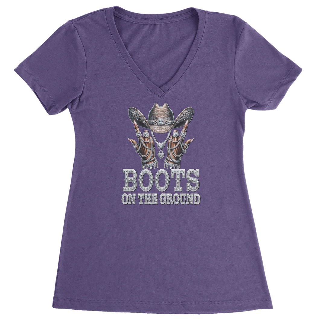 Boots On The Ground Bling Ladies V-Neck T-shirt Purple
