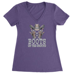 Boots On The Ground Bling Ladies V-Neck T-shirt Purple