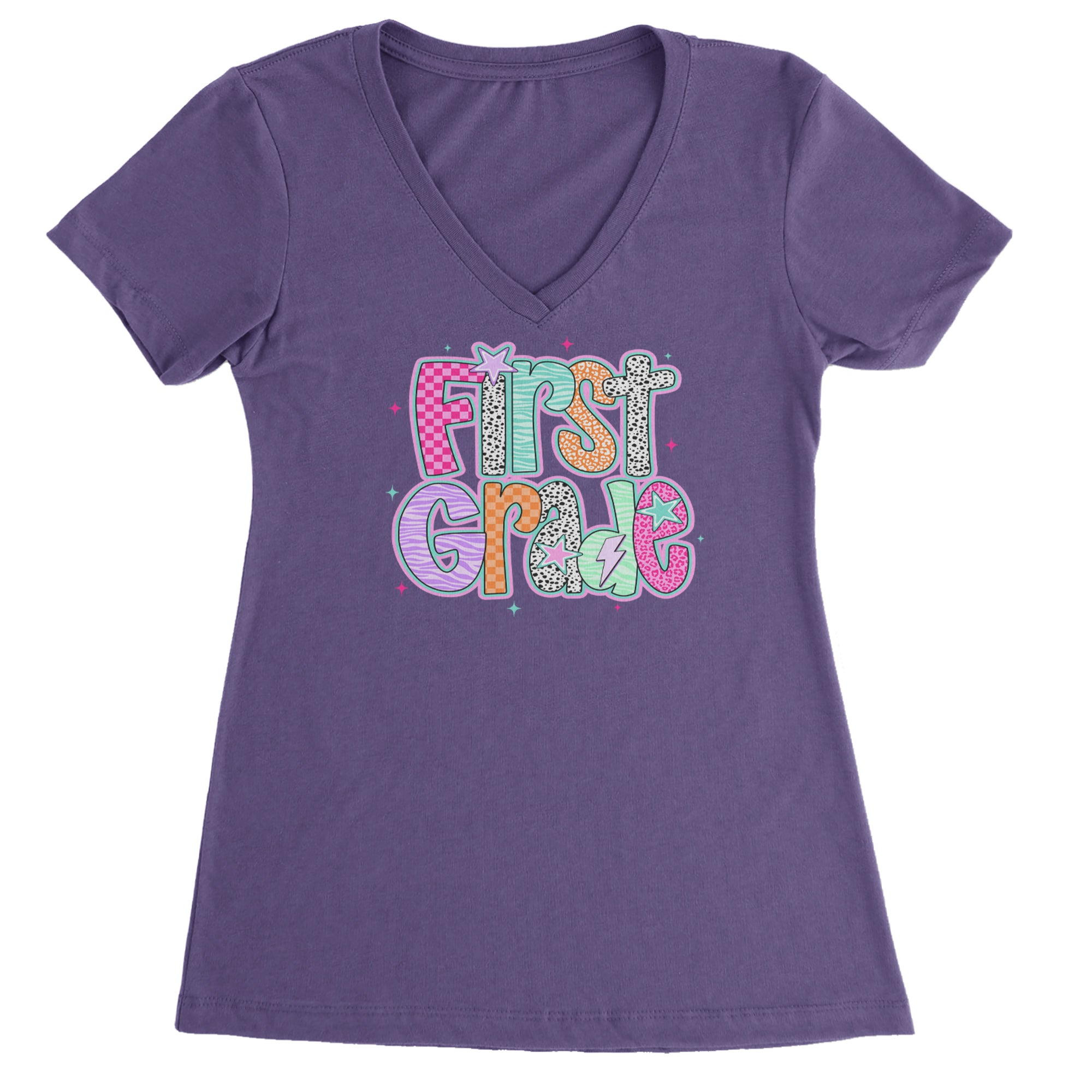 First Grade Vibes Colorful Back to School Ladies V-Neck T-shirt Purple