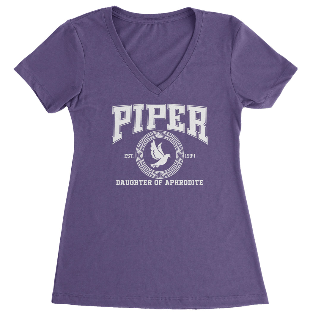 Piper Daughter of Aphrodite Rebel Heart Ladies V-Neck T-shirt Purple