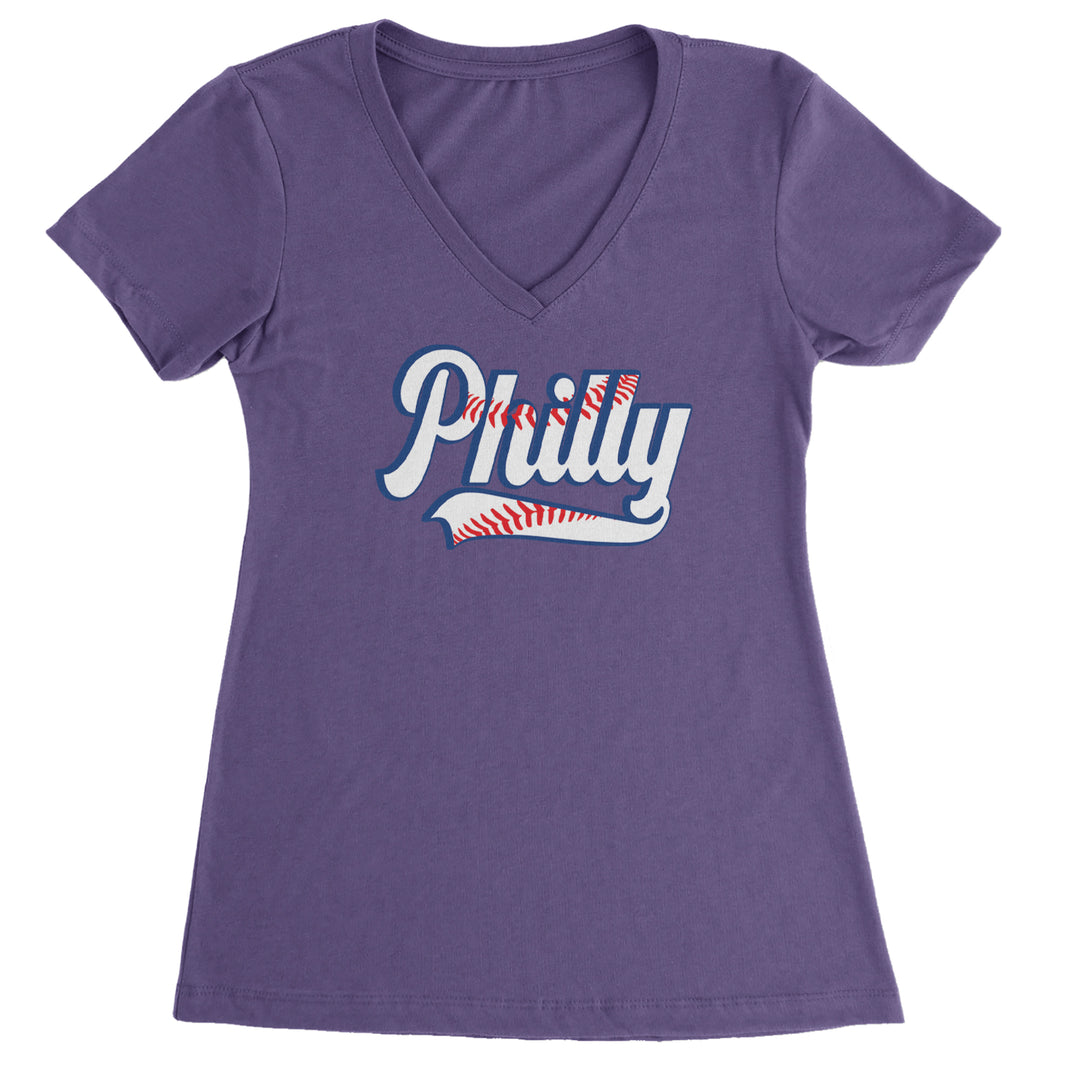 Philly Baseball Stitching graphic on Women's Lightweight V-Neck T-Shirt in Purple
