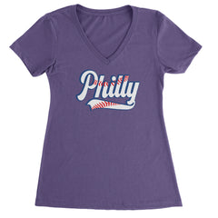 Philly Baseball Stitching graphic on Women's Lightweight V-Neck T-Shirt in Purple