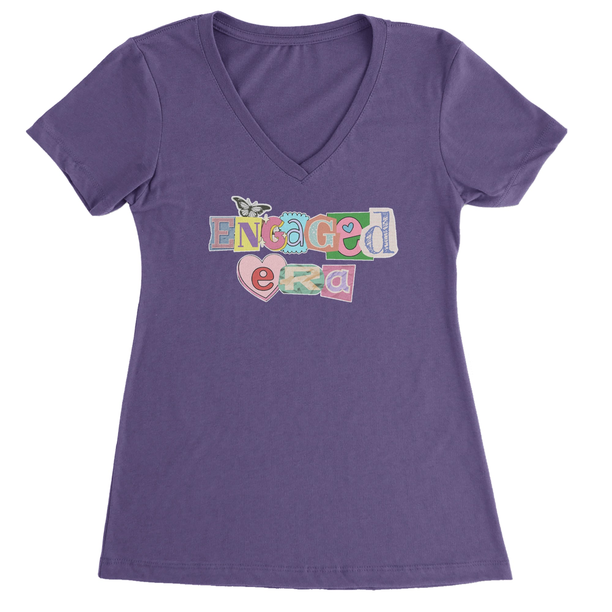 Engaged Era Aesthetic Retro Collage Design Ladies V-Neck T-shirt Purple