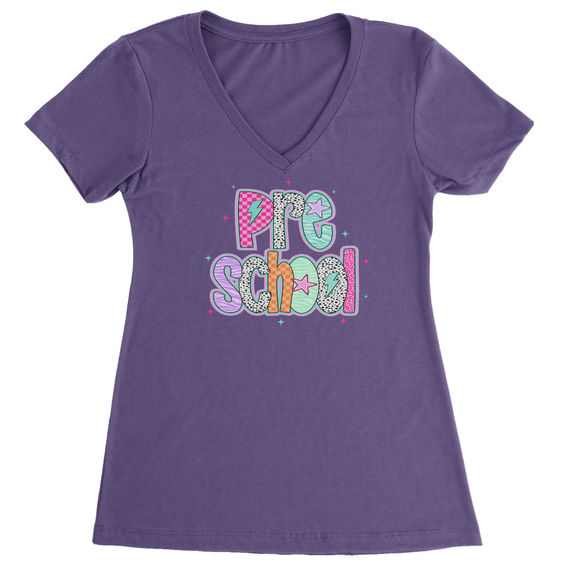 Preschool Power Colorful Back to School Ladies V-Neck T-shirt Purple
