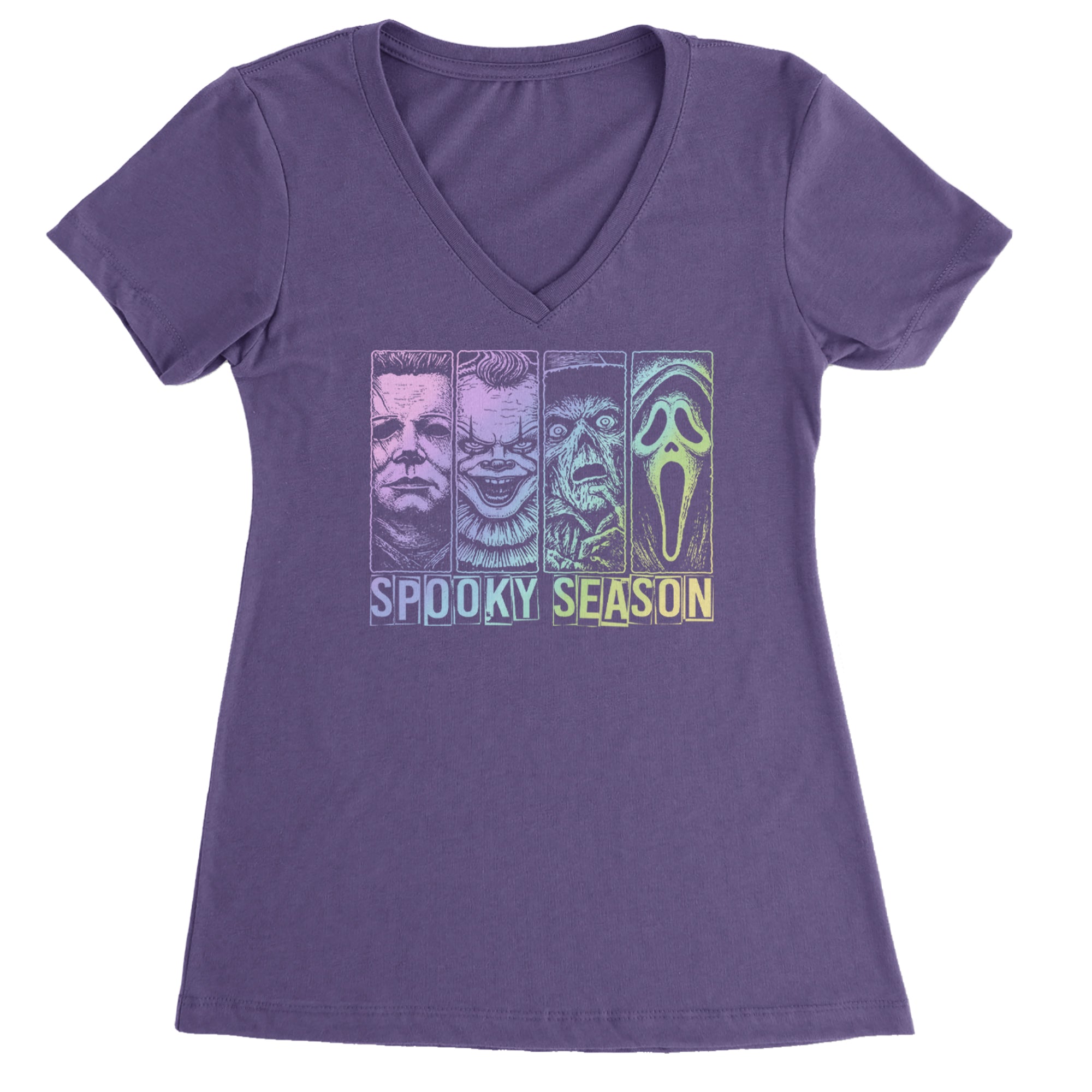Spooky Season Horror Icons Halloween Ladies V-Neck T-shirt Purple