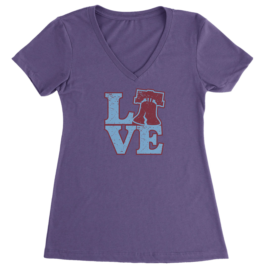 Love Philly Liberty Bell Ladies V-Neck T-shirt Purple