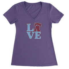 Love Philly Liberty Bell Ladies V-Neck T-shirt Purple