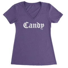 Candy Gothic Lettering Ladies V-Neck T-shirt Purple