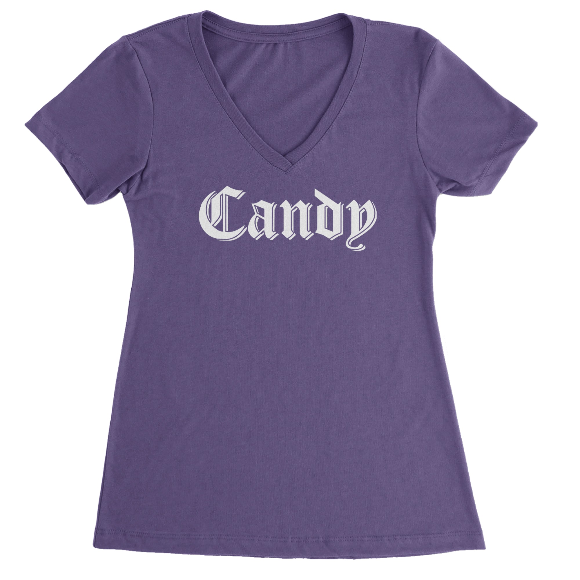 Candy Gothic Lettering Ladies V-Neck T-shirt Purple