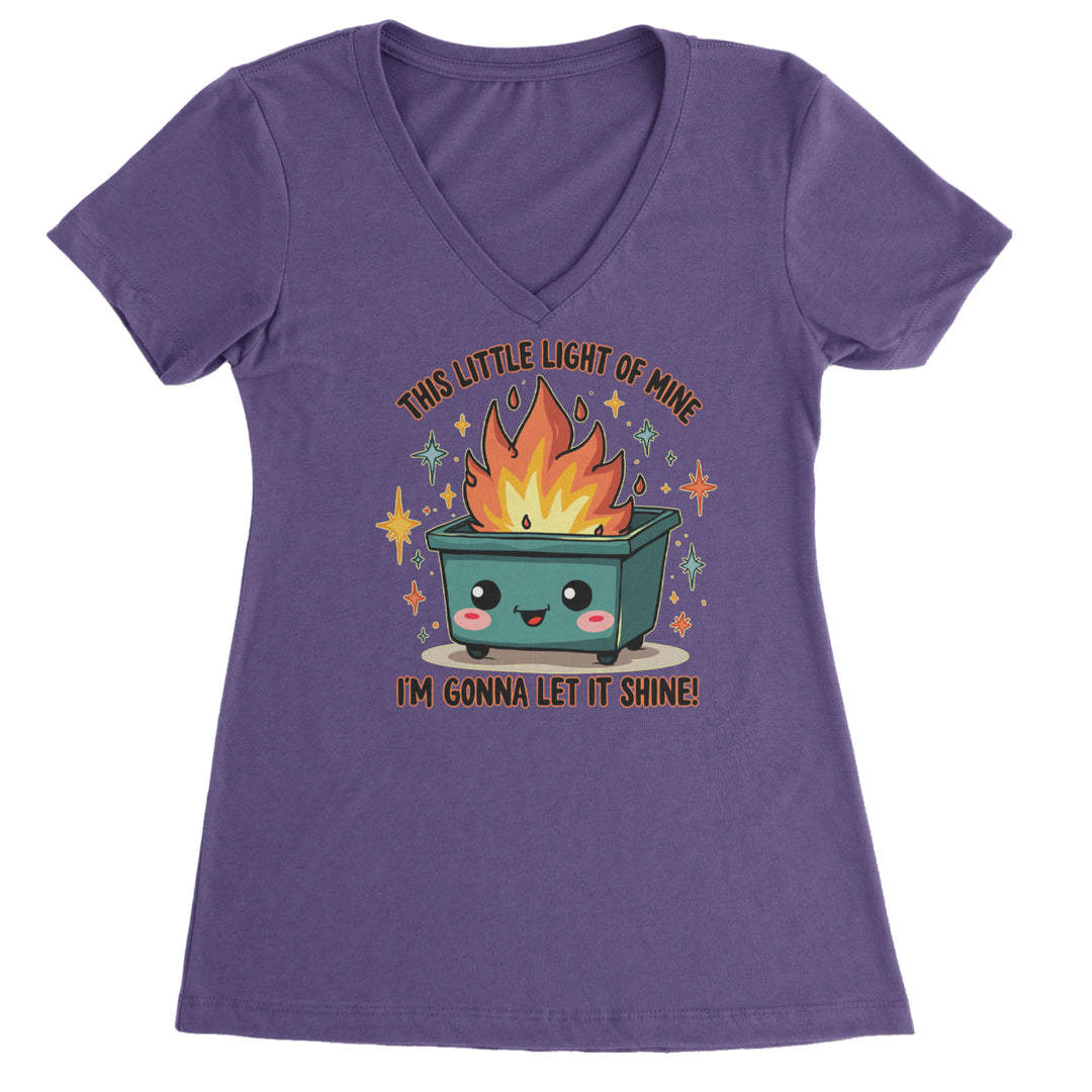 This Little Light of Mine Dumpster Fire Smile Face graphic on Women's Lightweight V-Neck T-Shirt in Purple