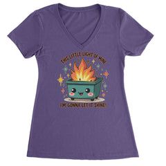 This Little Light of Mine Dumpster Fire Smile Face graphic on Women's Lightweight V-Neck T-Shirt in Purple