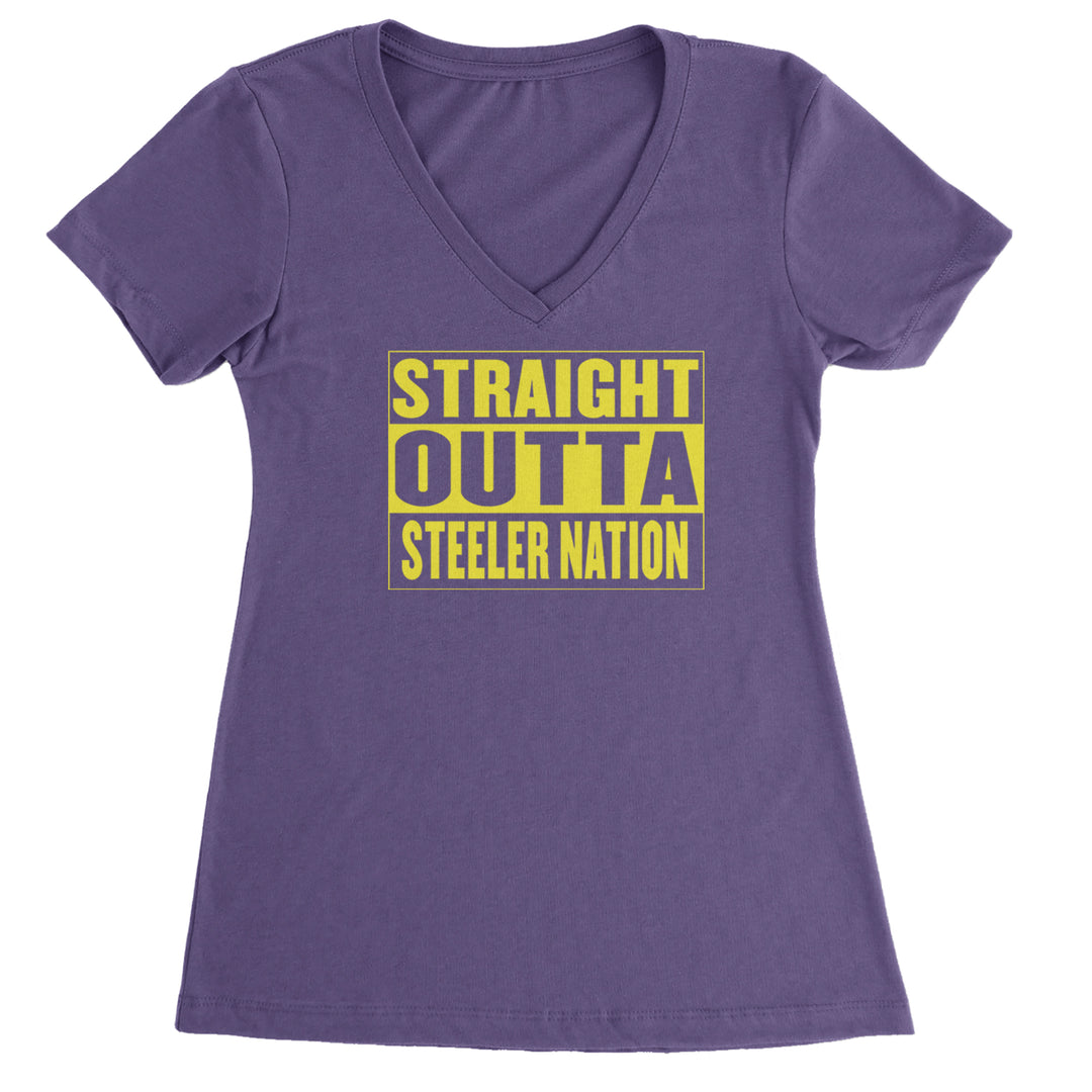 Straight Outta Steeler Nation Football  Ladies V-Neck T-shirt Purple