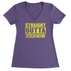 Straight Outta Steeler Nation Football  Ladies V-Neck T-shirt Purple