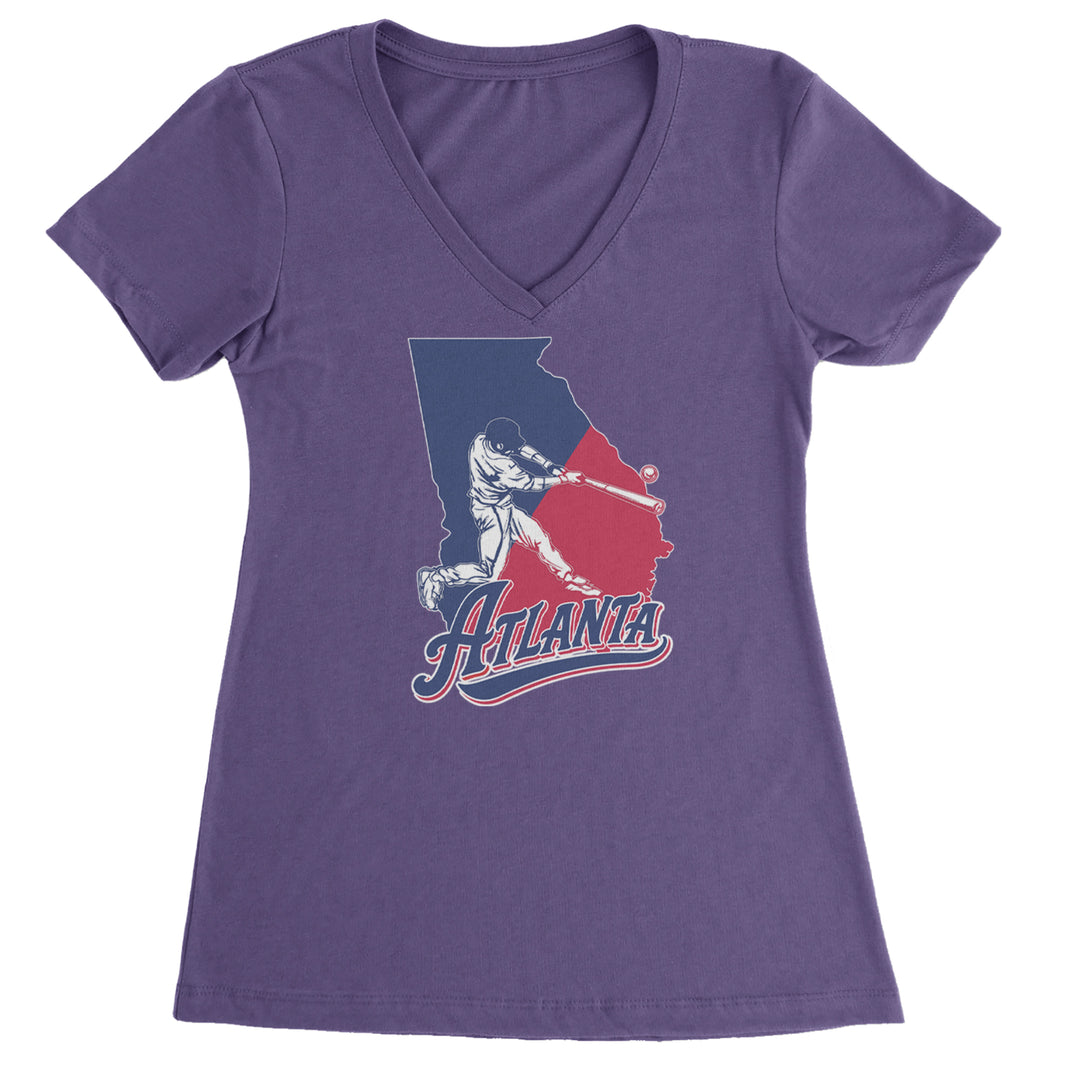Atlanta Georgia Batter Up Ladies V-Neck T-shirt Purple