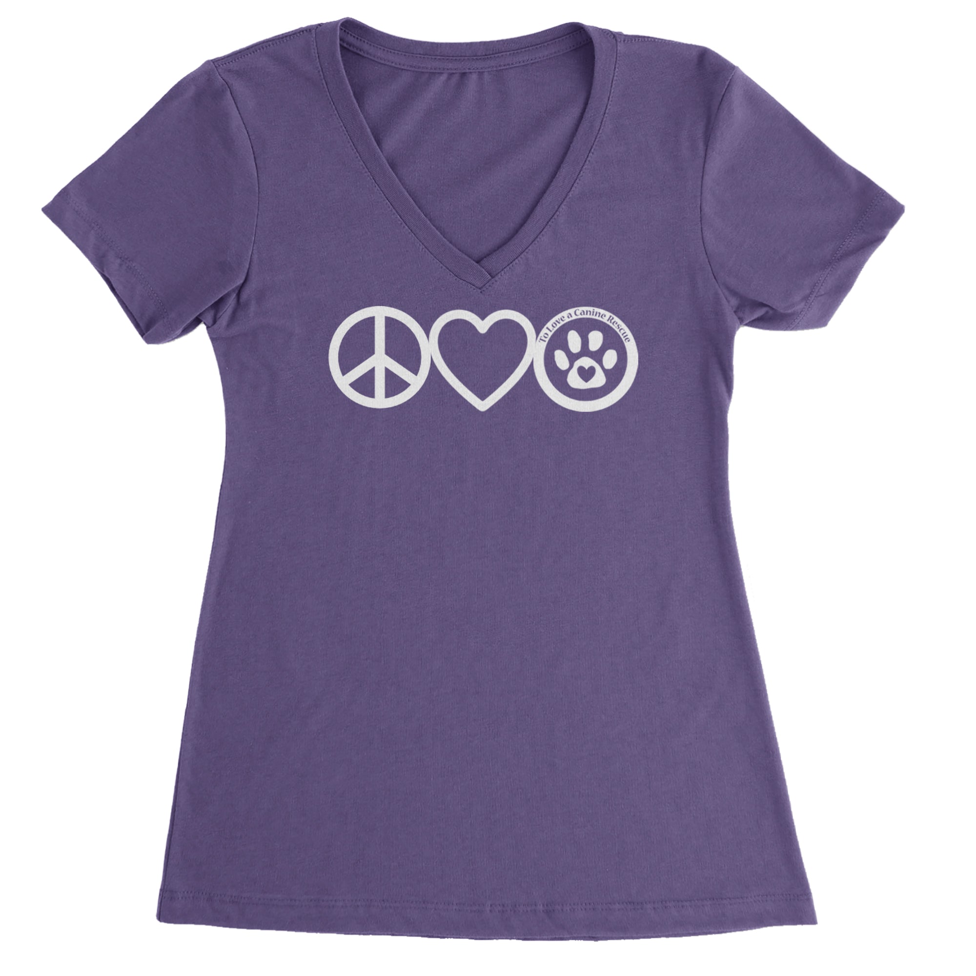 Peace, Love and TLC Dog Rescue Ladies V-Neck T-shirt Purple