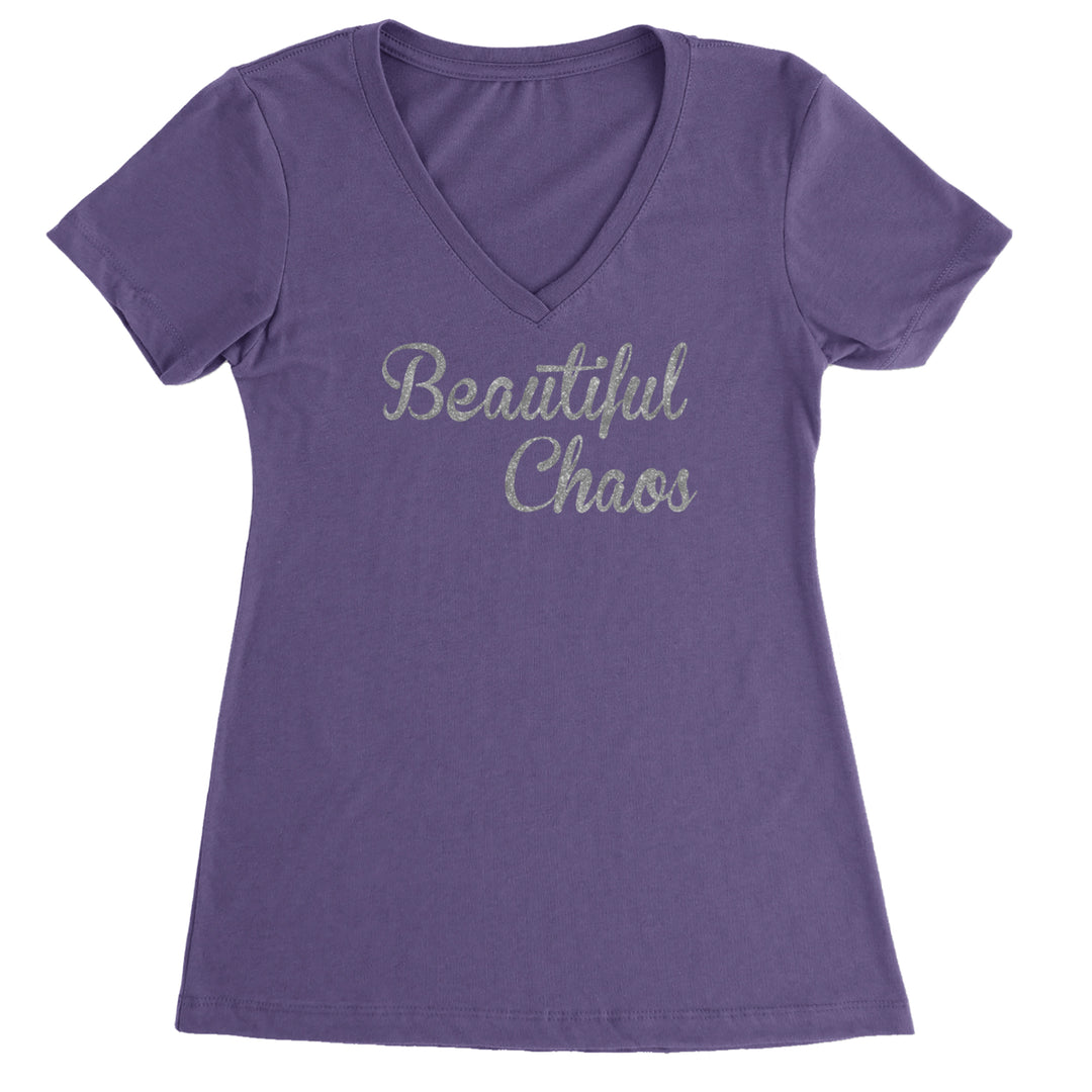 Beautiful Chaos Glitter Music Festival Ladies V-Neck T-shirt Purple