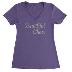 Beautiful Chaos Glitter Music Festival Ladies V-Neck T-shirt Purple