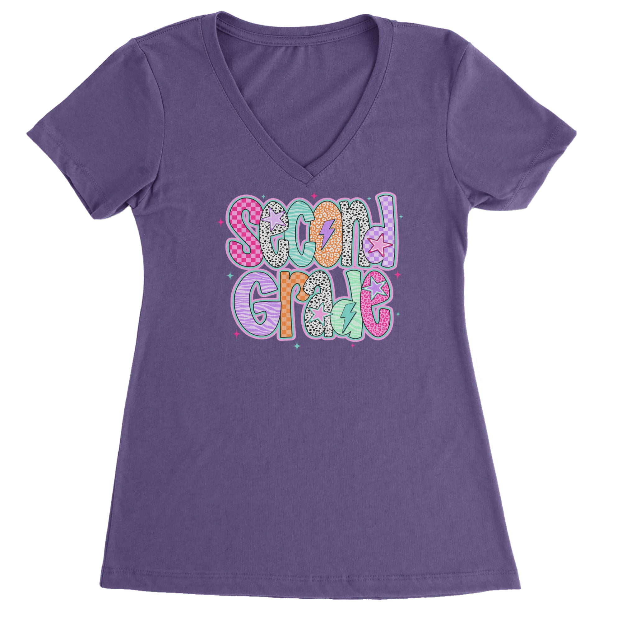 Second Grade Star Colorful Back to School Ladies V-Neck T-shirt Purple