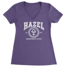 Hazel Daughter of Pluto Roman Gold Ladies V-Neck T-shirt Purple