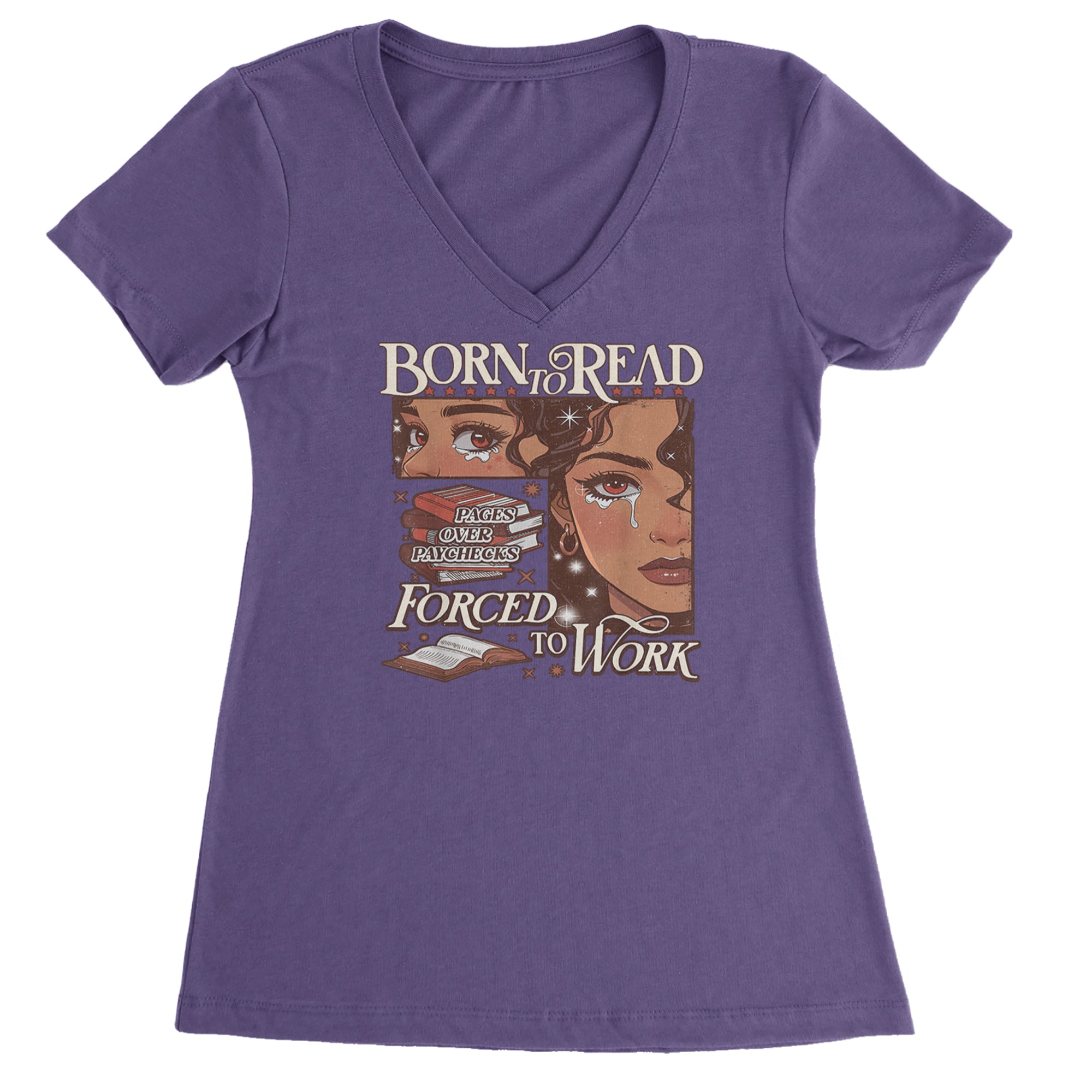 Born To Read Pages Over Paychecks Ladies V-Neck T-shirt Purple
